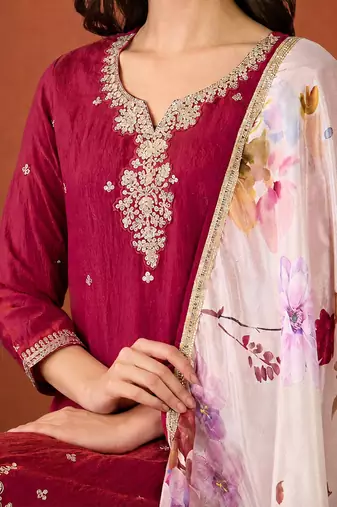 Embroidery Silk Fabric Straight Kurta Pant and Dupatta Set