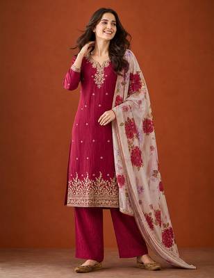 Embroidery Silk Fabric Straight Kurta Pant and Dupatta Set 5