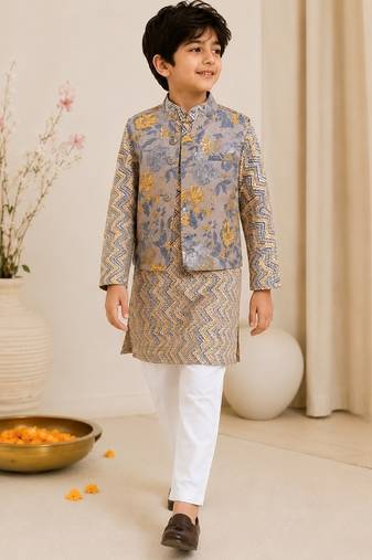 Grey yellow patti kurta set