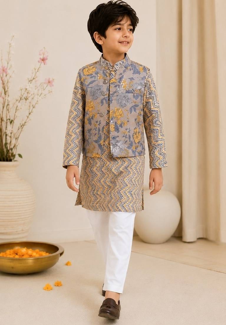 Grey yellow patti kurta set