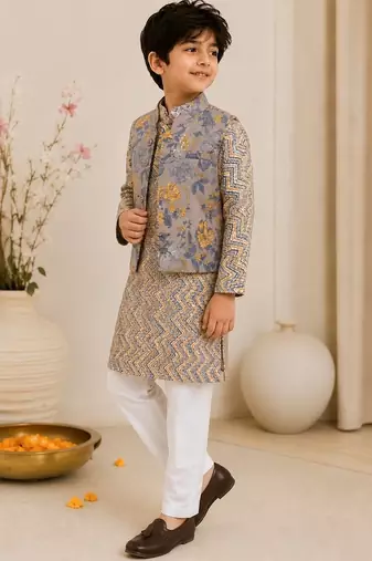 Grey yellow patti kurta set