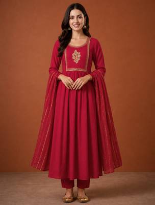 Women's Beautiful Embroidery Work Viscose Silk Fabric Flared Kurta Pant and Dupatta Set 1