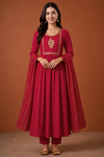 Women's Beautiful Embroidery Work Viscose Silk Fabric Flared Kurta Pant and Dupatta Set