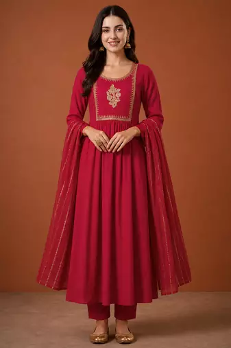 Women's Beautiful Embroidery Work Viscose Silk Fabric Flared Kurta Pant and Dupatta Set
