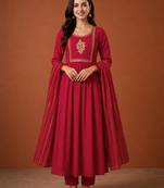 Women's Beautiful Embroidery Work Viscose Silk Fabric Flared Kurta Pant and Dupatta Set