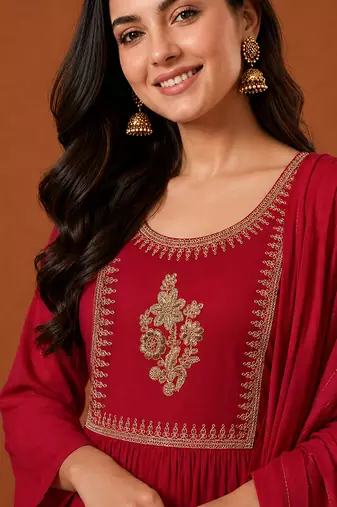 Women's Beautiful Embroidery Work Viscose Silk Fabric Flared Kurta Pant and Dupatta Set