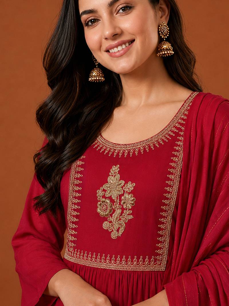 Women's Beautiful Embroidery Work Viscose Silk Fabric Flared Kurta Pant and Dupatta Set