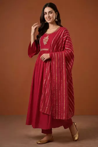 Women's Beautiful Embroidery Work Viscose Silk Fabric Flared Kurta Pant and Dupatta Set