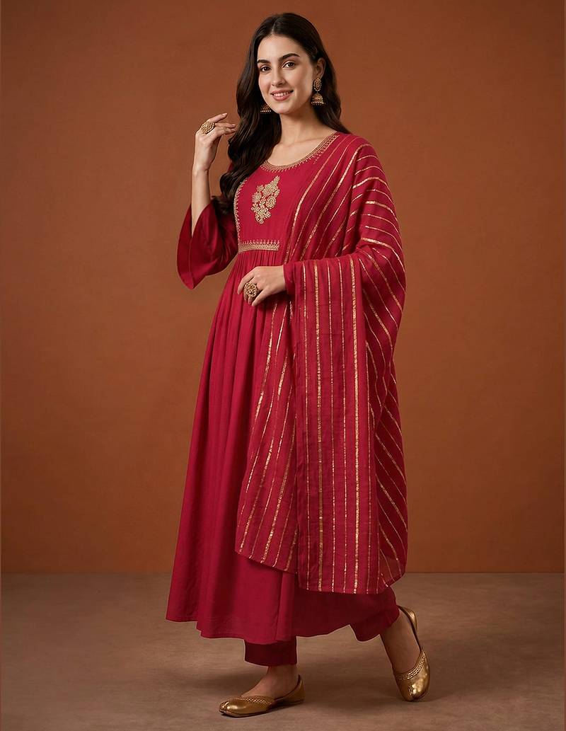 Women's Beautiful Embroidery Work Viscose Silk Fabric Flared Kurta Pant and Dupatta Set