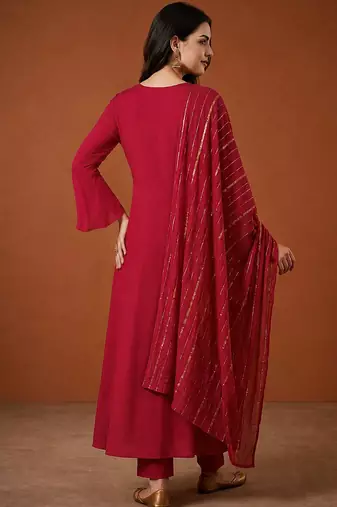 Women's Beautiful Embroidery Work Viscose Silk Fabric Flared Kurta Pant and Dupatta Set