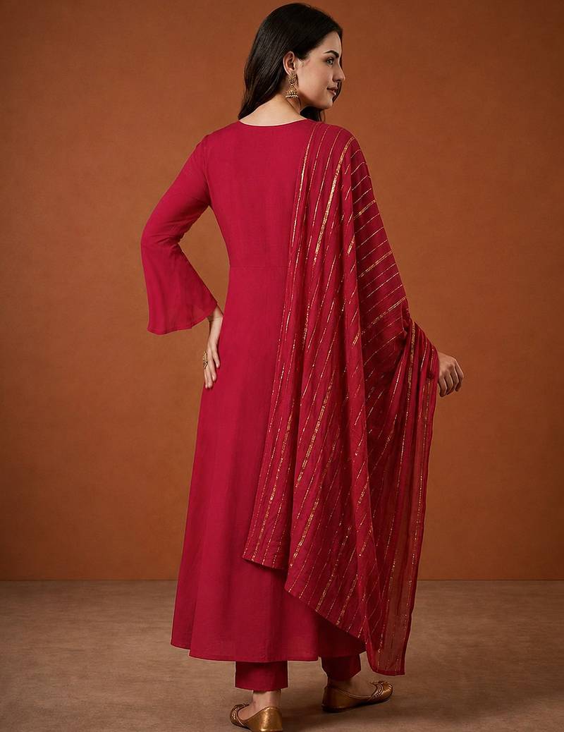 Women's Beautiful Embroidery Work Viscose Silk Fabric Flared Kurta Pant and Dupatta Set
