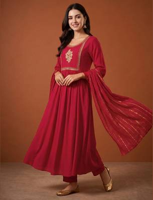 Women's Beautiful Embroidery Work Viscose Silk Fabric Flared Kurta Pant and Dupatta Set 5