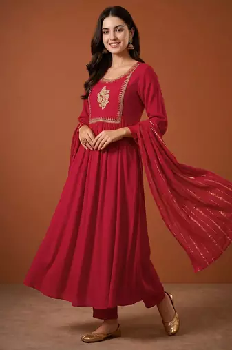 Women's Beautiful Embroidery Work Viscose Silk Fabric Flared Kurta Pant and Dupatta Set