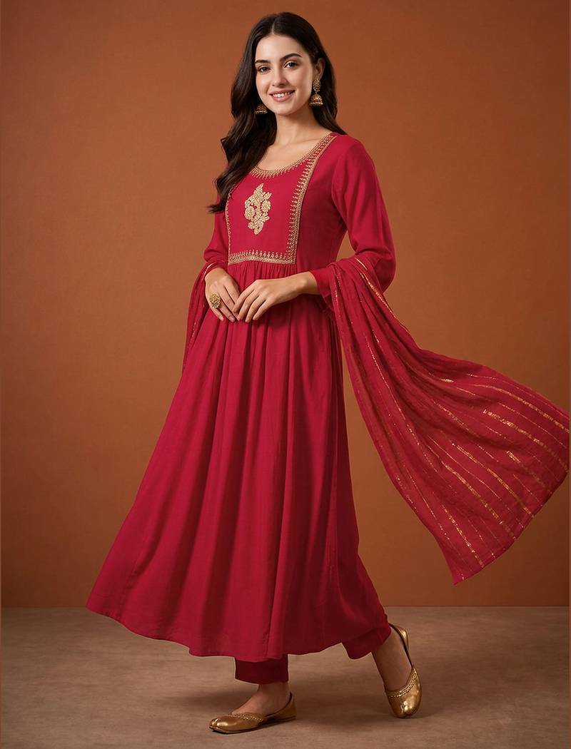 Women's Beautiful Embroidery Work Viscose Silk Fabric Flared Kurta Pant and Dupatta Set