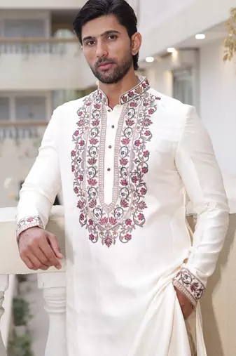 Ivory embroidered festive kurta with placket and hem detailing for men