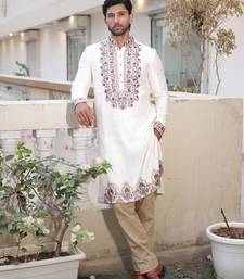 Ivory embroidered festive kurta with placket and hem detailing for men