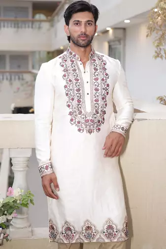 Ivory embroidered festive kurta with placket and hem detailing for men