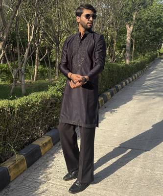 Navy blue floral embroidered & sequin embellished cotton kurta for men 1