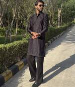 Navy blue floral embroidered & sequin embellished cotton kurta for men