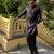 Navy blue floral embroidered & sequin embellished cotton kurta for men