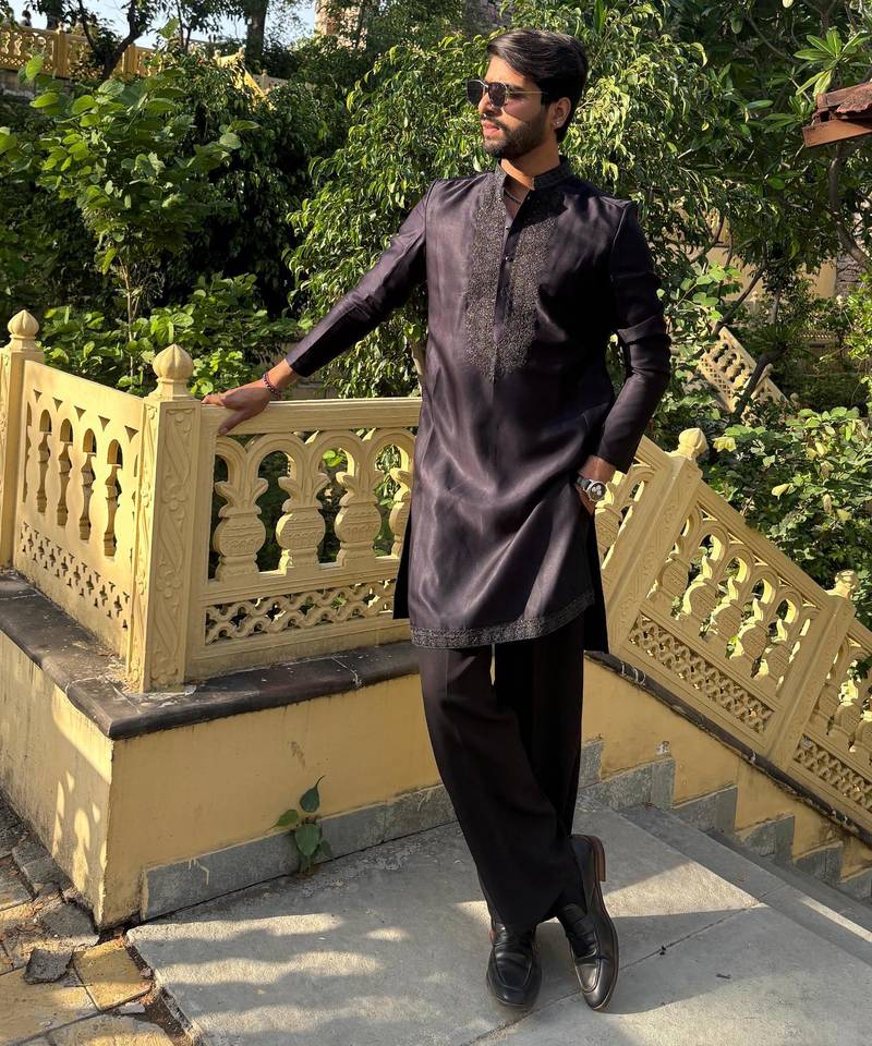 Navy blue floral embroidered & sequin embellished cotton kurta for men