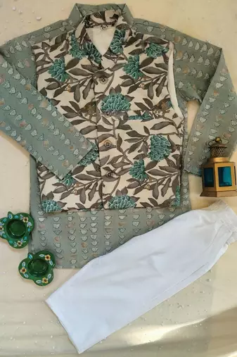 Grey block print kurta set