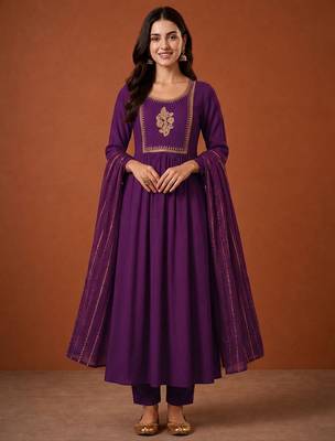 Embroidery Viscose Silk Fabric Flared Kurta Pant and Dupatta Set 1