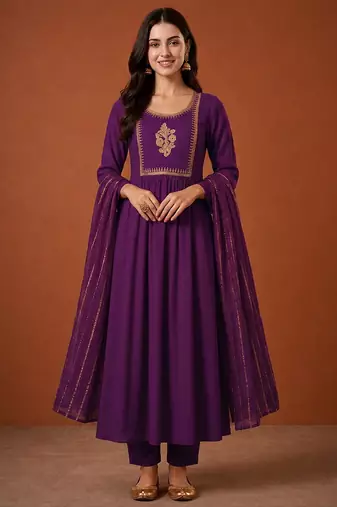 Embroidery Viscose Silk Fabric Flared Kurta Pant and Dupatta Set