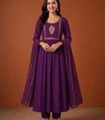 Embroidery Viscose Silk Fabric Flared Kurta Pant and Dupatta Set