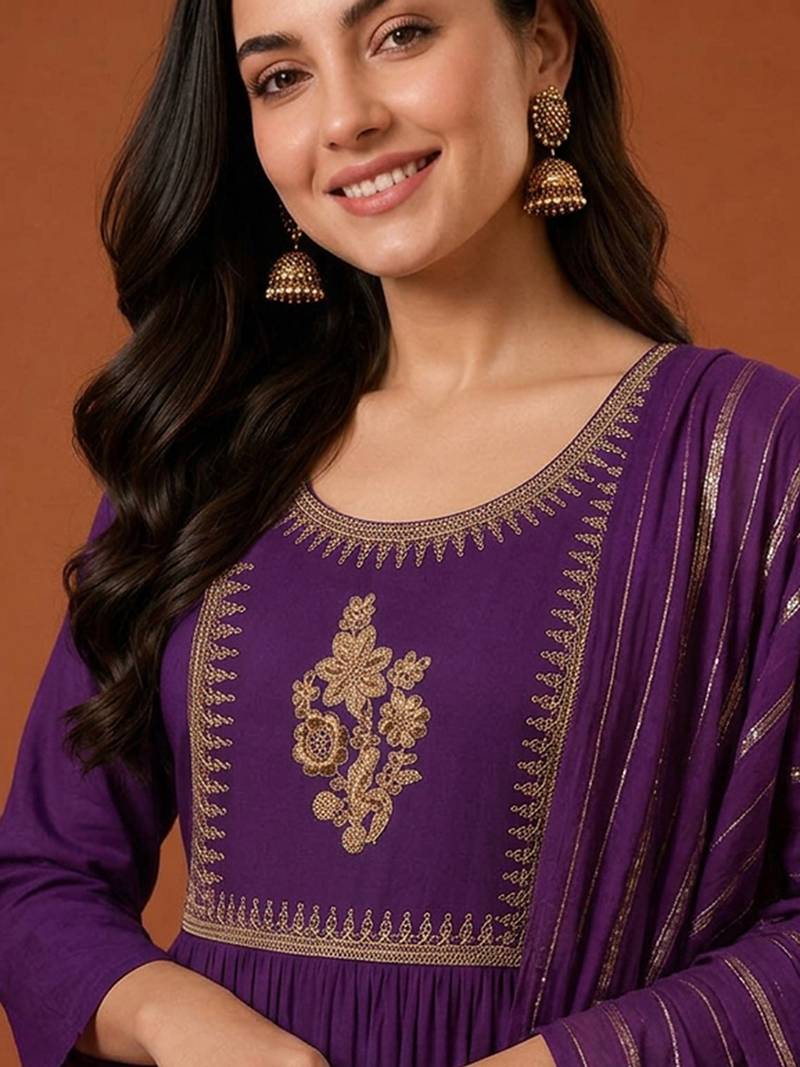 Embroidery Viscose Silk Fabric Flared Kurta Pant and Dupatta Set