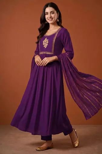 Embroidery Viscose Silk Fabric Flared Kurta Pant and Dupatta Set