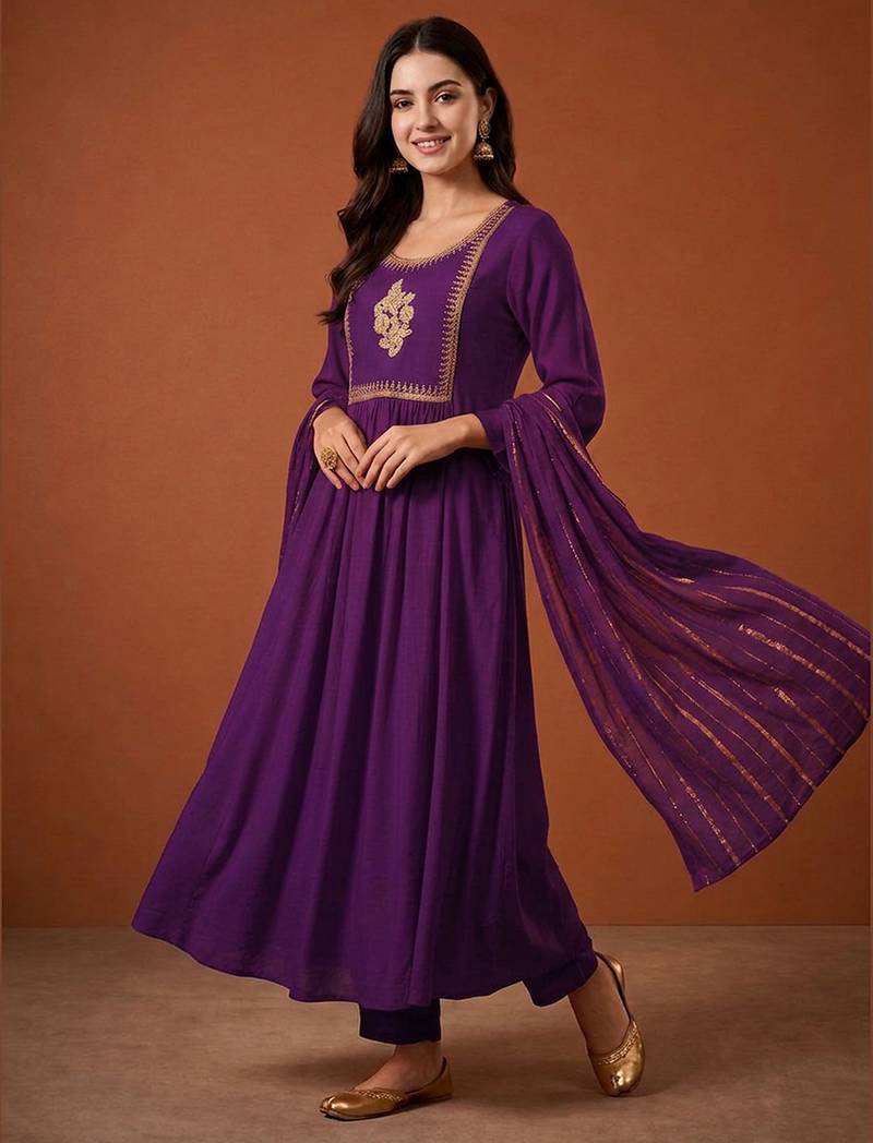 Embroidery Viscose Silk Fabric Flared Kurta Pant and Dupatta Set