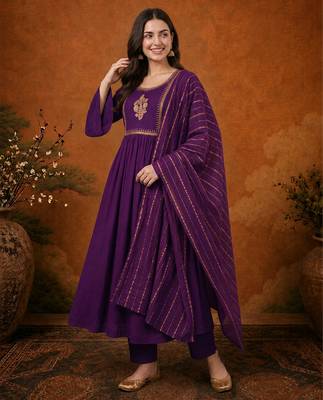 Embroidery Viscose Silk Fabric Flared Kurta Pant and Dupatta Set 5