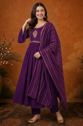 Embroidery Viscose Silk Fabric Flared Kurta Pant and Dupatta Set