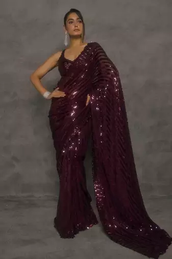 Wine georgette sequin saree with unstitched blouse
