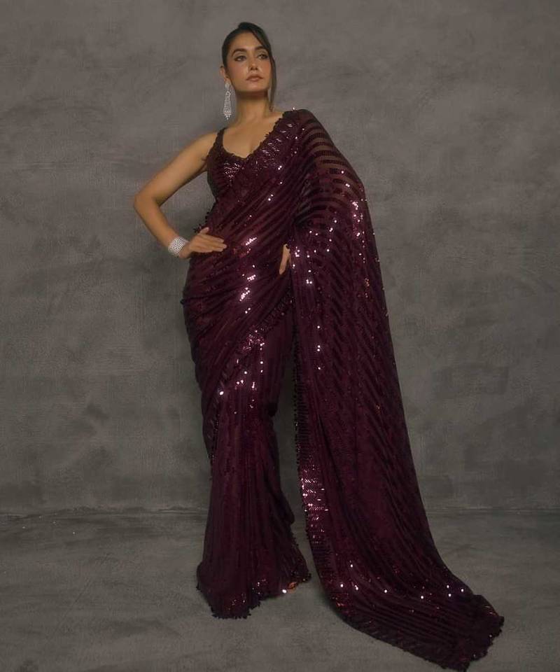 Wine georgette sequin saree with unstitched blouse