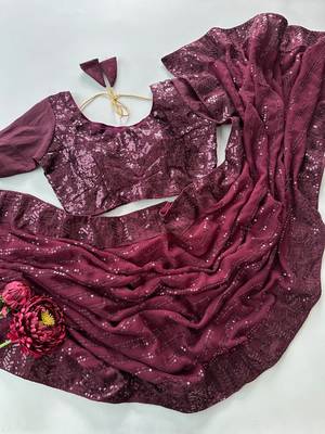 Wine georgette sequin saree with unstitched blouse 2