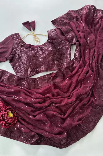 Wine georgette sequin saree with unstitched blouse