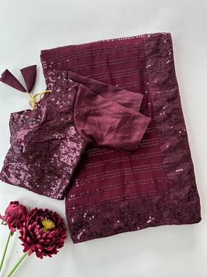 Wine georgette sequin saree with unstitched blouse 3