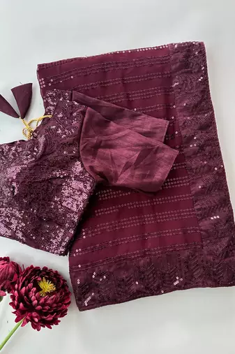 Wine georgette sequin saree with unstitched blouse