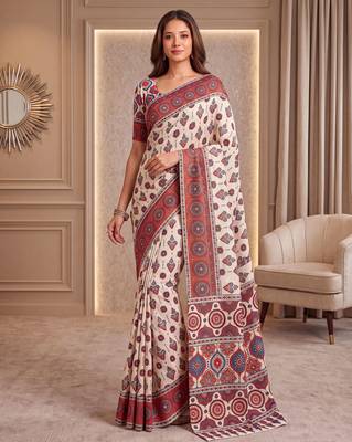 Cream ajrakh print crepe silk blend saree with mirror work blouse 1