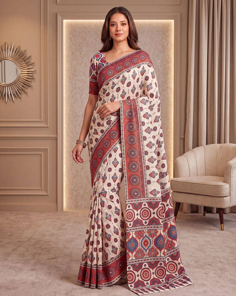 Cream ajrakh print crepe silk blend saree with mirror work blouse
