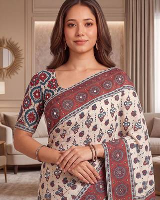 Cream ajrakh print crepe silk blend saree with mirror work blouse 2