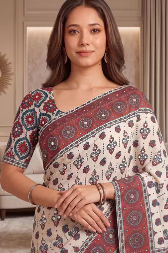 Cream ajrakh print crepe silk blend saree with mirror work blouse