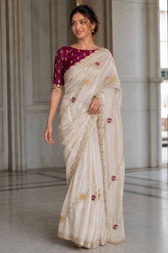 Off white fendy satin silk blend embroidered saree with cutwork border