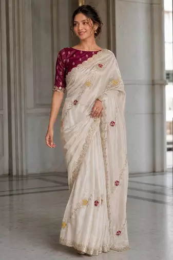Off white fendy satin silk blend embroidered saree with cutwork border