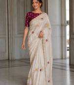 Off white fendy satin silk blend embroidered saree with cutwork border