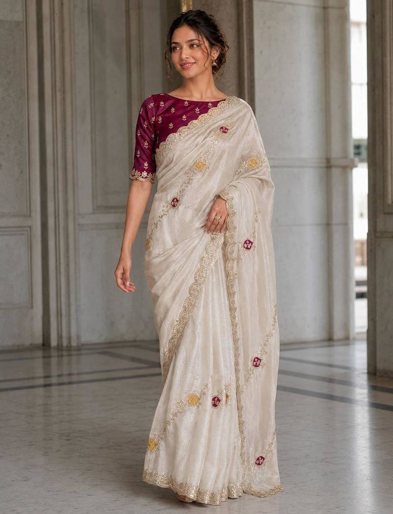 Off white fendy satin silk blend embroidered saree with cutwork border