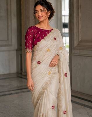 Off white fendy satin silk blend embroidered saree with cutwork border 2