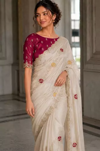 Off white fendy satin silk blend embroidered saree with cutwork border